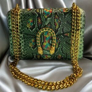 Jewel-Toned Faux Snakeskin Evening Clutch With Crossbody Shoulder Chain Strap